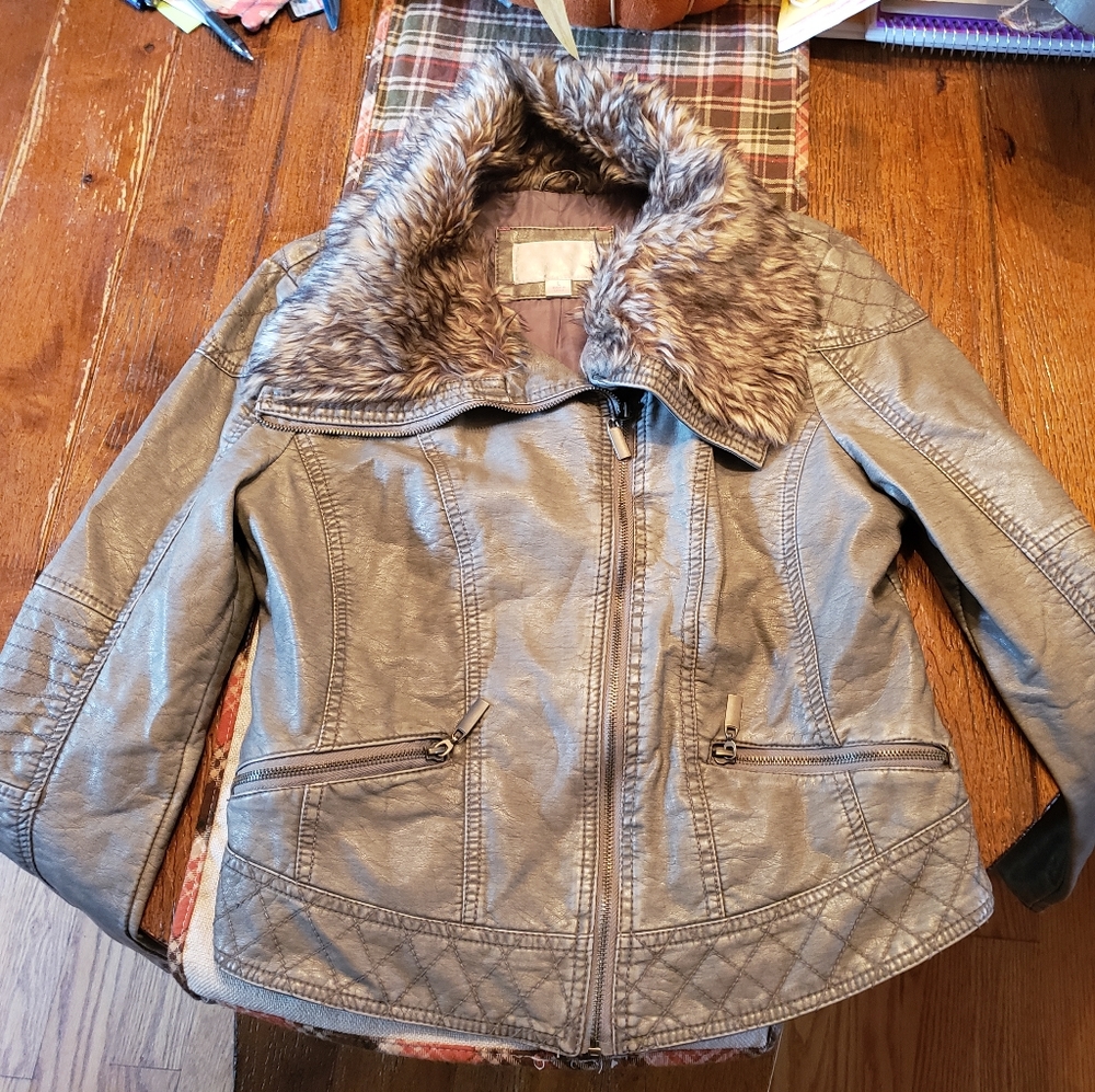 Leather with fur trim gray jacket